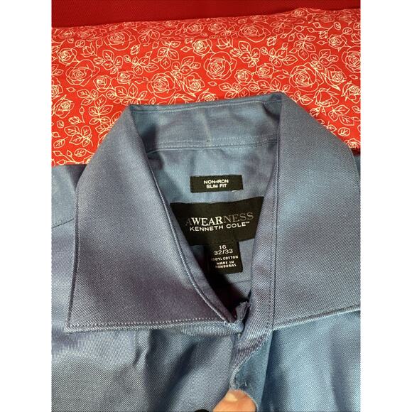 Awearness Kenneth Cole Slim Fit Blue Non Iron Dress Shirt 16 32/33 V2 - Picture 2 of 4